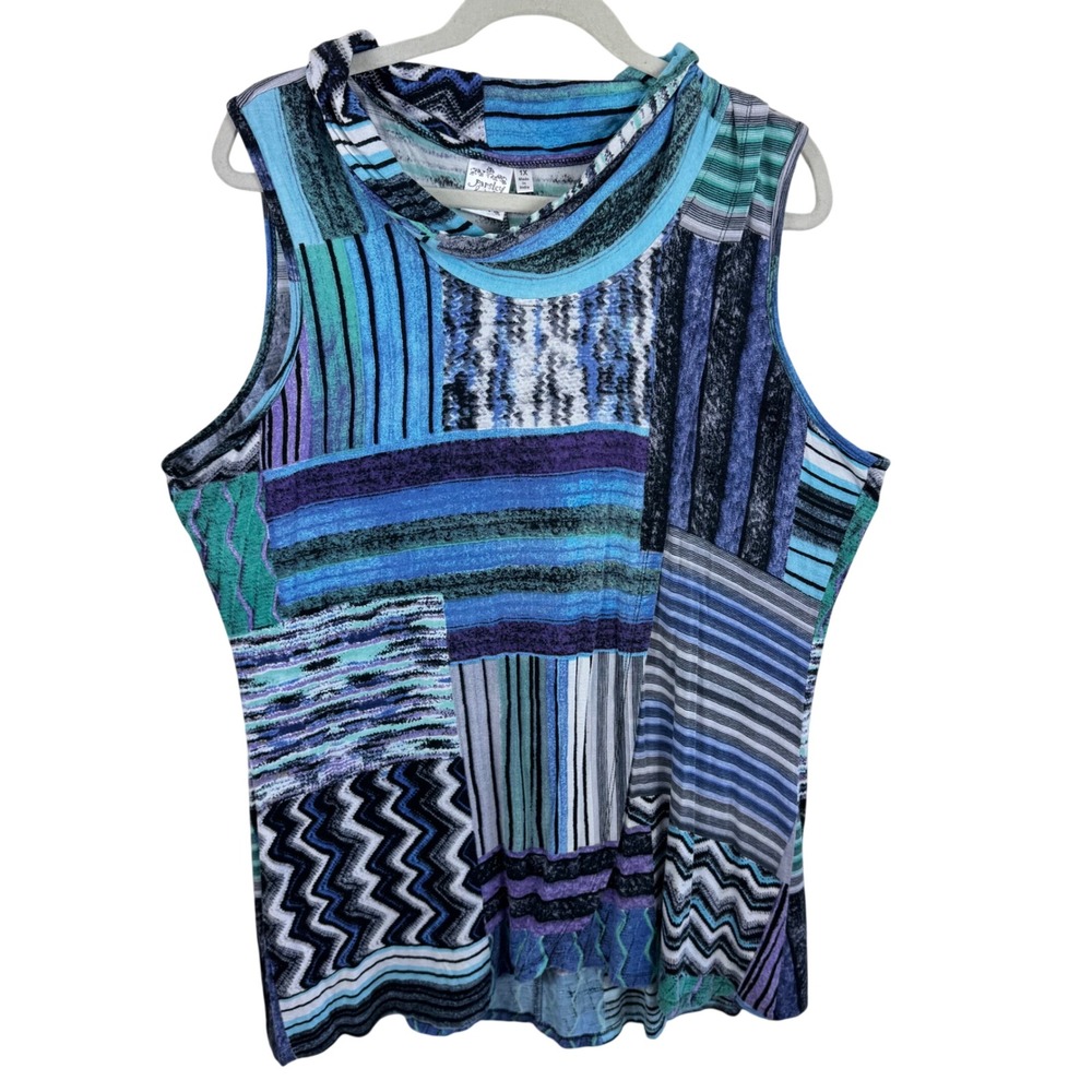 Parsley & Sage Womens 1X Blue Purple Patchwork Cowl Neck Sleeveless Tunic Top